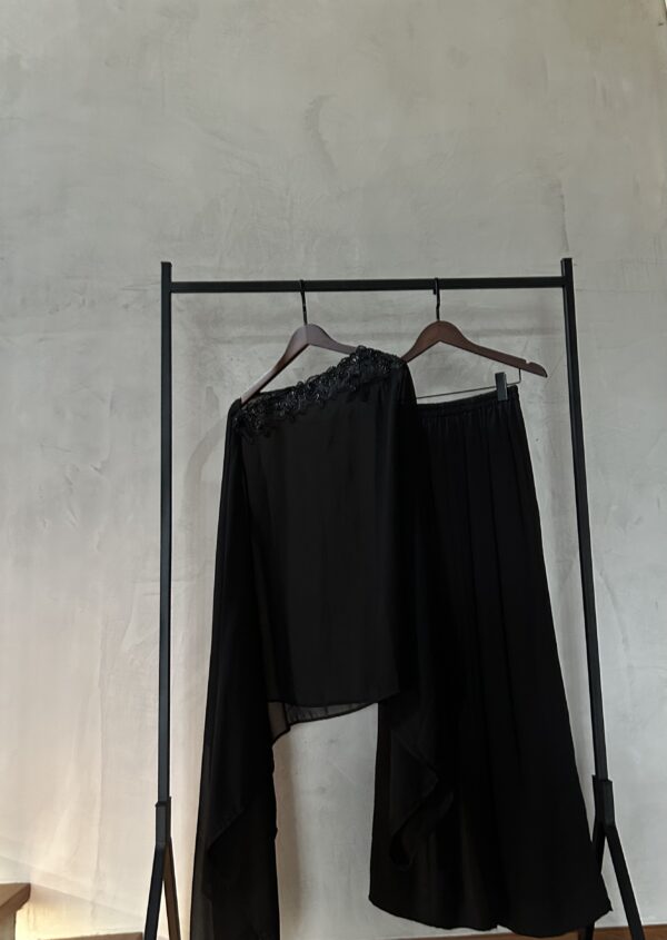 black embellished assymetrical set